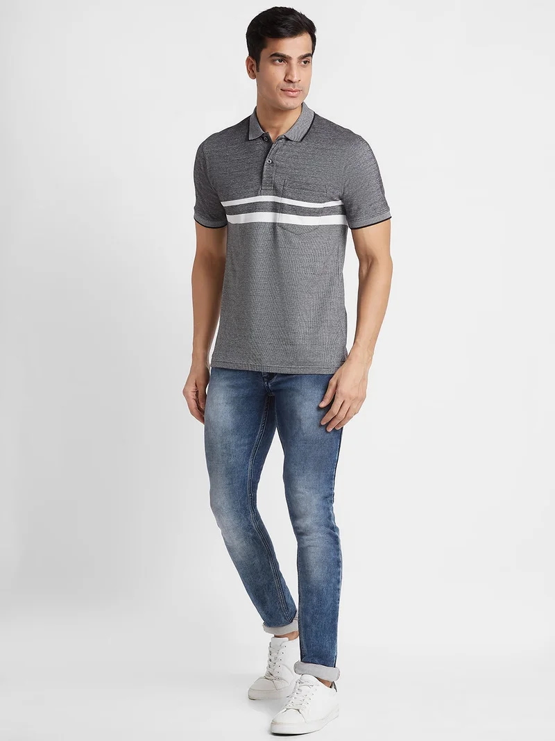 جلو باص تيشيرت بولو رجالي قطن مخطط أسود بقصة عادية كاجوال